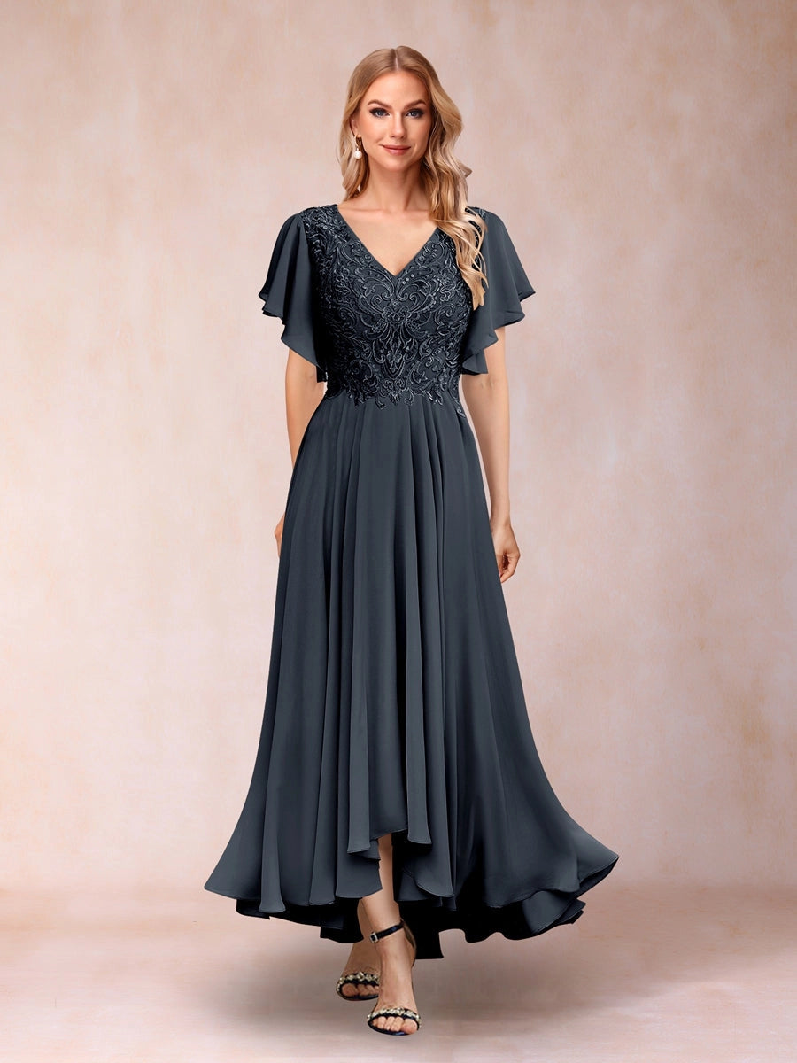 Elegant A-Line V-Neck Flutter-Sleeve Zipper-Back High-Low Mother of the Bride Dress