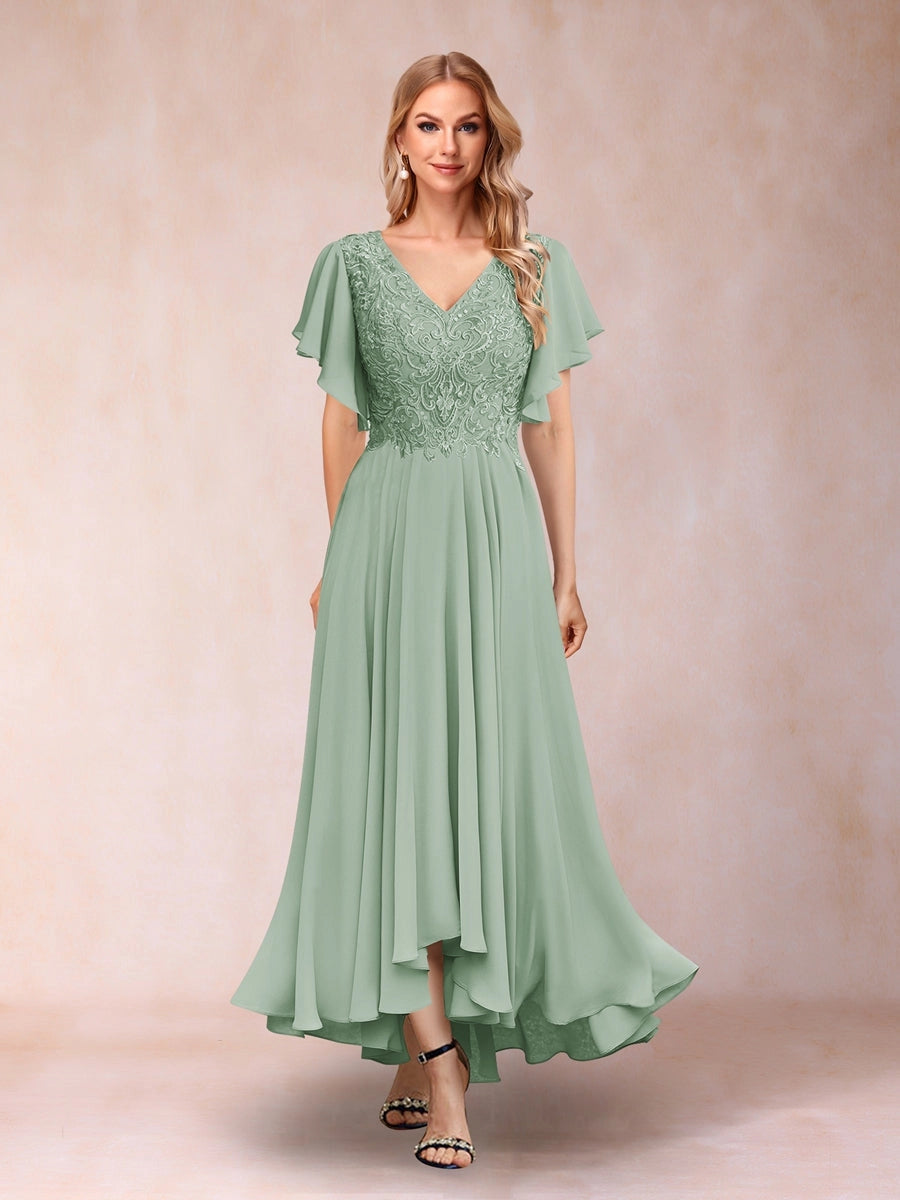 Elegant A-Line V-Neck Flutter-Sleeve Zipper-Back High-Low Mother of the Bride Dress
