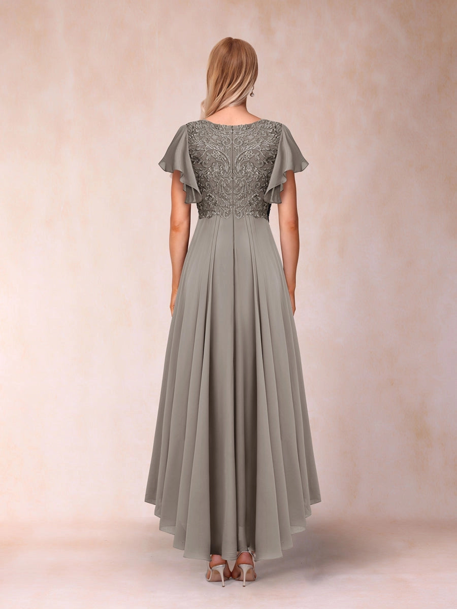 Elegant A-Line V-Neck Flutter-Sleeve Zipper-Back High-Low Mother of the Bride Dress