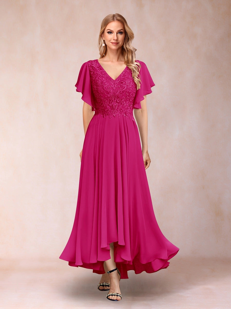 Elegant A-Line V-Neck Flutter-Sleeve Zipper-Back High-Low Mother of the Bride Dress