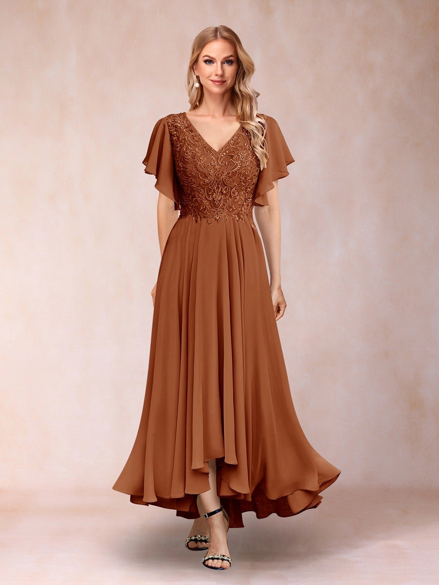 Elegant A-Line V-Neck Flutter-Sleeve Zipper-Back High-Low Mother of the Bride Dress