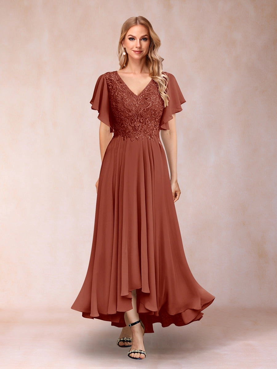 Elegant A-Line V-Neck Flutter-Sleeve Zipper-Back High-Low Mother of the Bride Dress