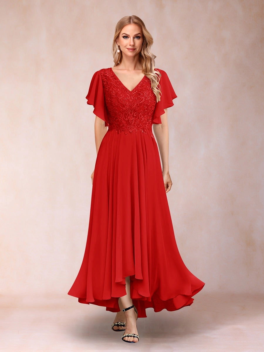 Elegant A-Line V-Neck Flutter-Sleeve Zipper-Back High-Low Mother of the Bride Dress
