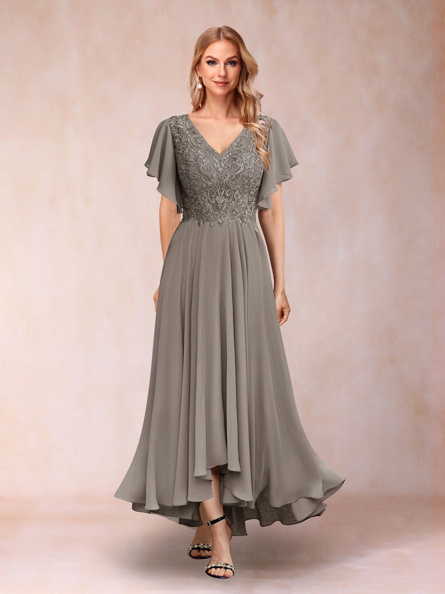 Elegant A-Line V-Neck Flutter-Sleeve Zipper-Back High-Low Mother of the Bride Dress