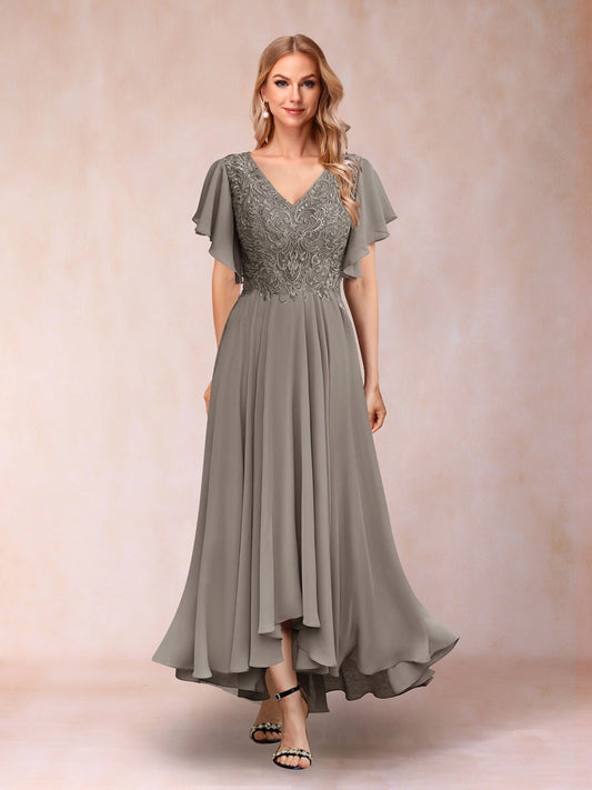 Elegant A-Line V-Neck Flutter-Sleeve Zipper-Back High-Low Mother of the Bride Dress