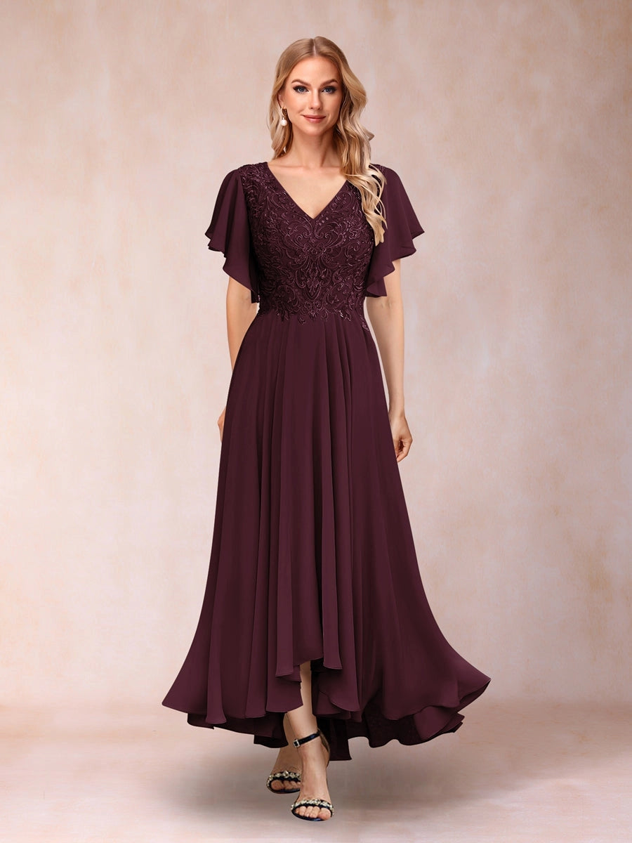 Elegant A-Line V-Neck Flutter-Sleeve Zipper-Back High-Low Mother of the Bride Dress