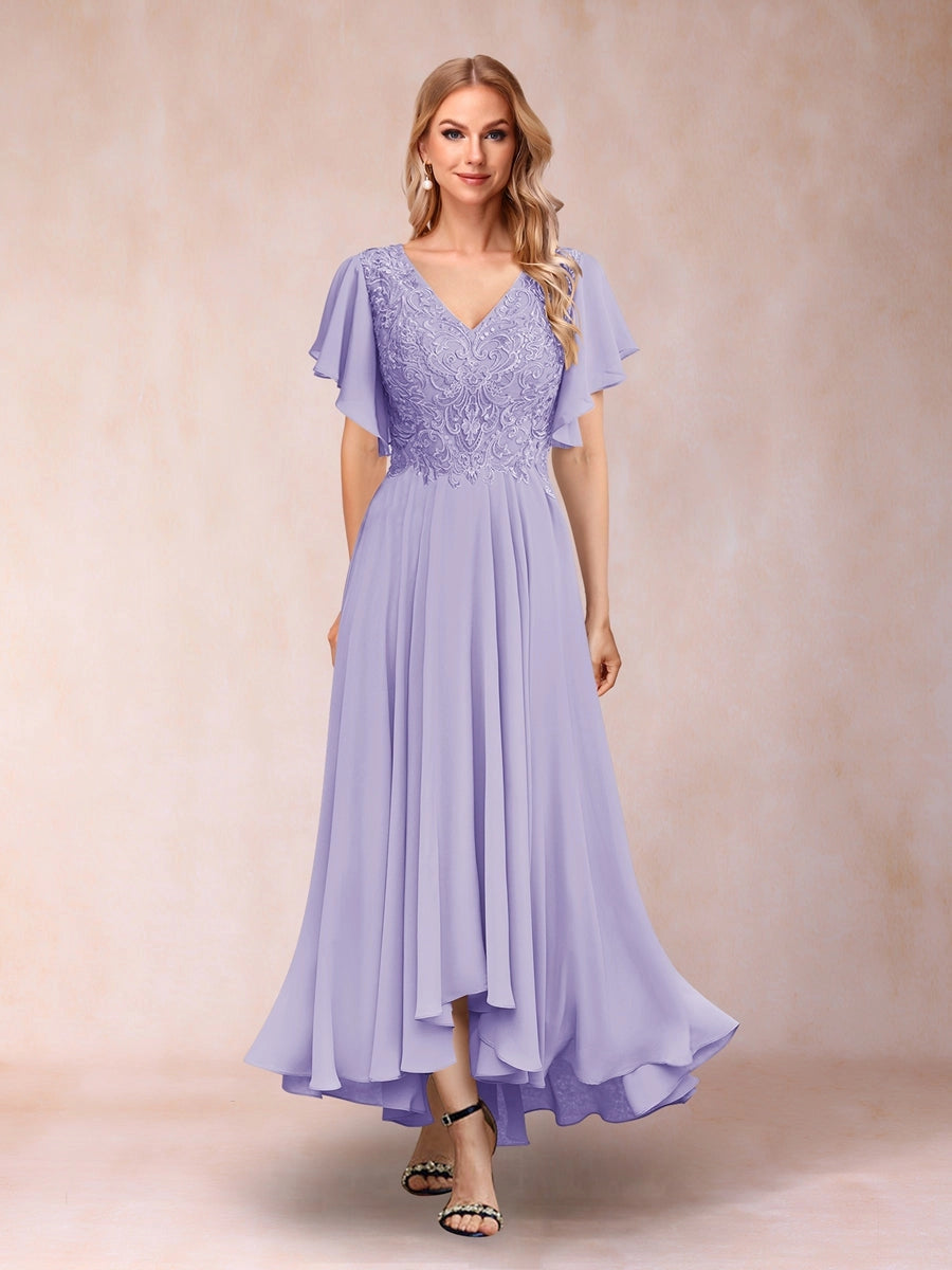Elegant A-Line V-Neck Flutter-Sleeve Zipper-Back High-Low Mother of the Bride Dress