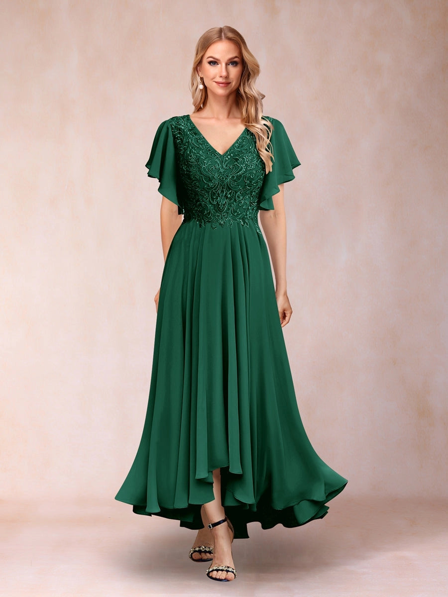 Elegant A-Line V-Neck Flutter-Sleeve Zipper-Back High-Low Mother of the Bride Dress