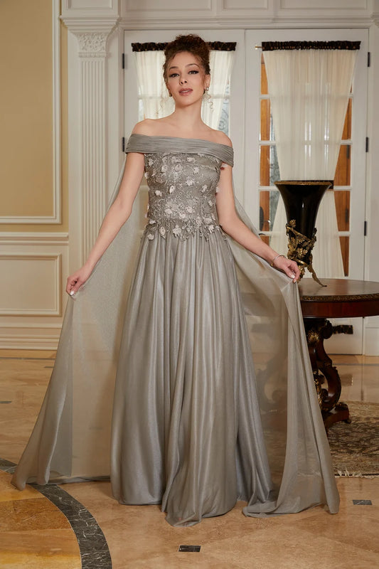 Loverlm taupe gray mother of the bride dress with off-shoulder neckline floral lace bodice draped panels and floor-length A-line skirt