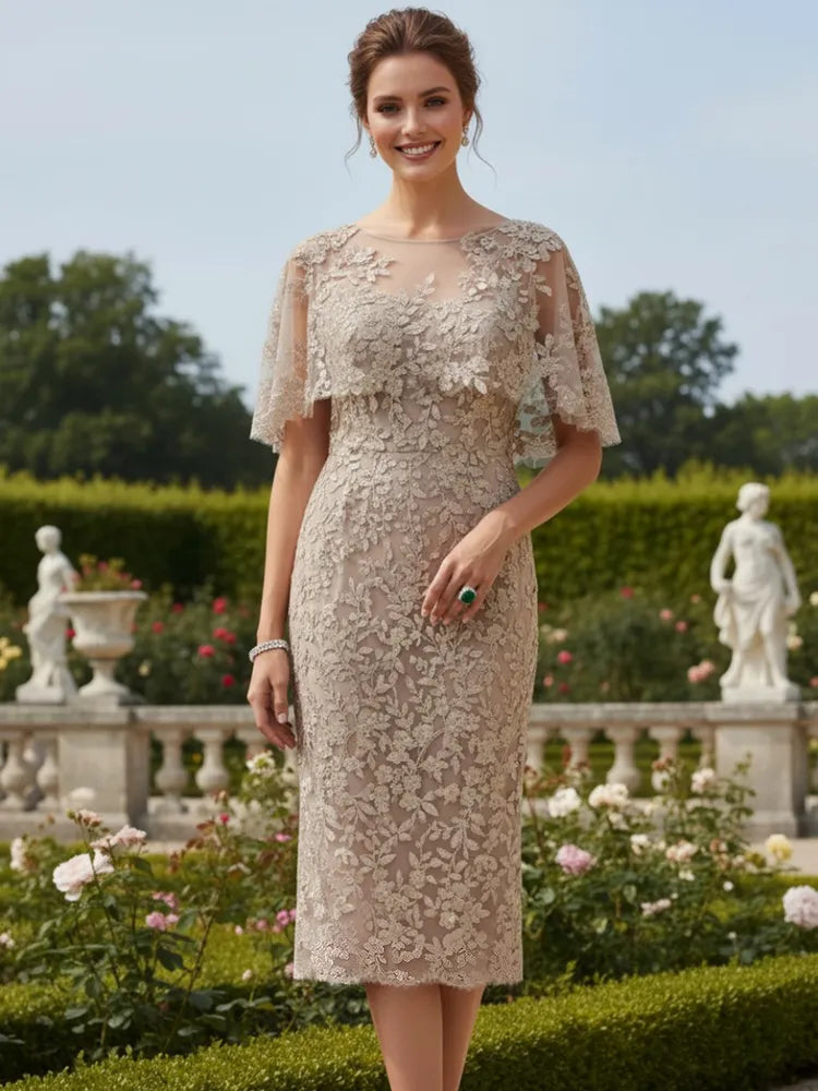 Loverlm taupe Mother of the Bride dress with illusion neckline lace cape sleeves floral embroidery and midi sheath silhouette