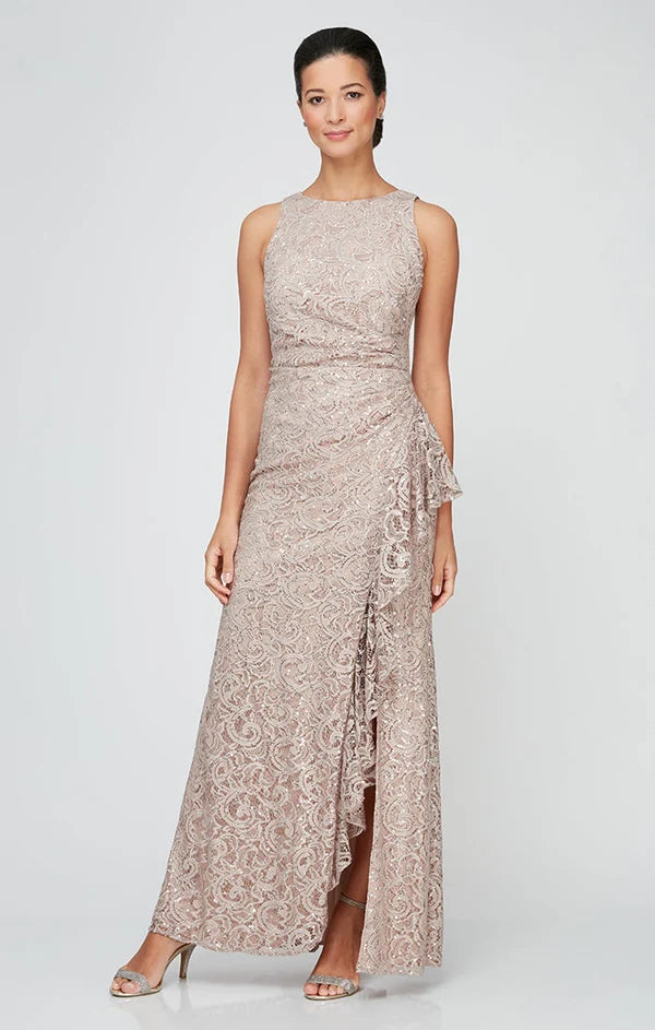 Loverlm taupe lace Mother of the Bride dress with bateau neckline waist ruching side drape and floor-length silhouette