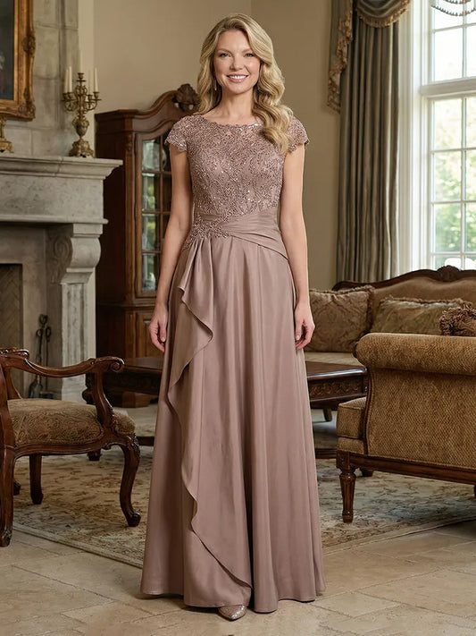 Loverlm taupe Mother of the Bride dress with jeweled lace bodice cap sleeves ruched waist side drape and floor-length A-line skirt
