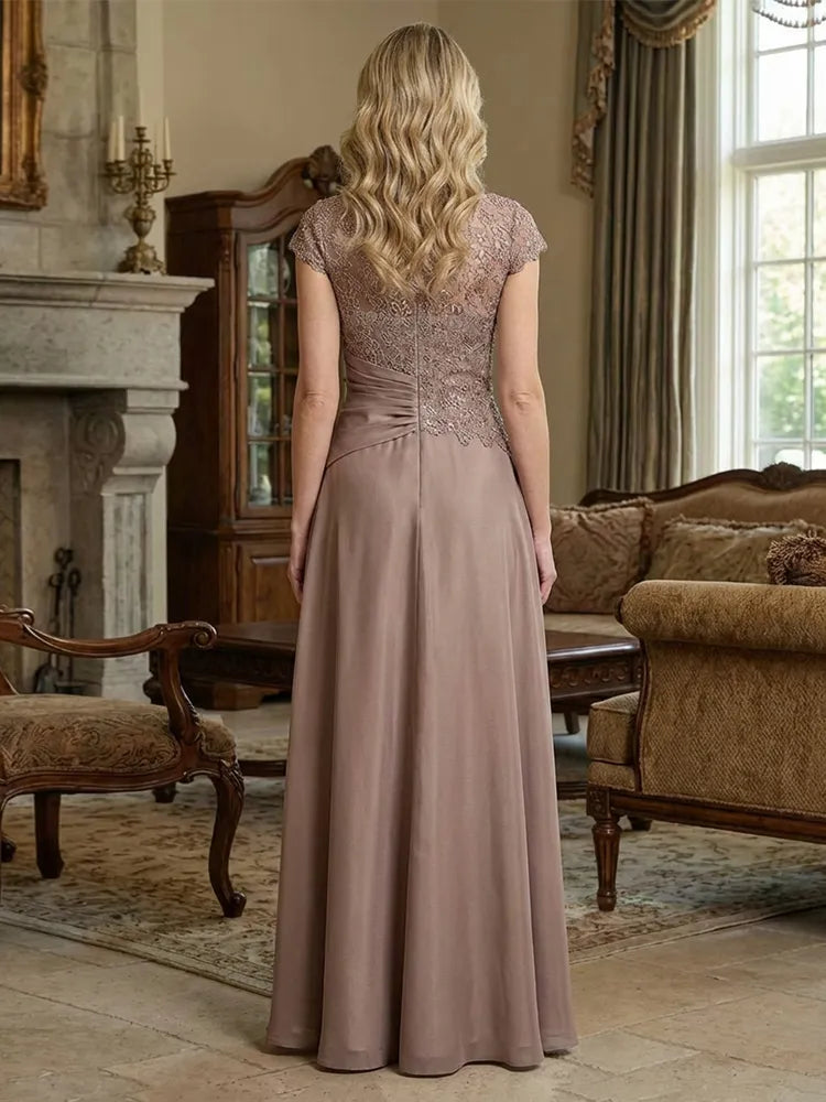 Elegant A-Line Jewel-Neck Cap-Sleeve Lace Floor-Length Mother of the Bride Dress