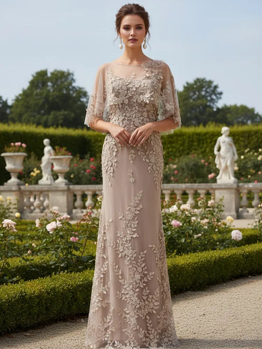 Loverlm taupe lace Mother of the Bride dress with illusion neckline cape sleeves floral embroidery and floor-length sheath skirt