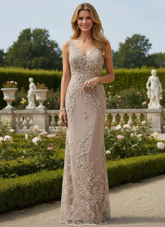 Loverlm taupe lace mother of the bride dress with V-neck sleeveless bodice floral appliqués and elegant floor-length sheath silhouette