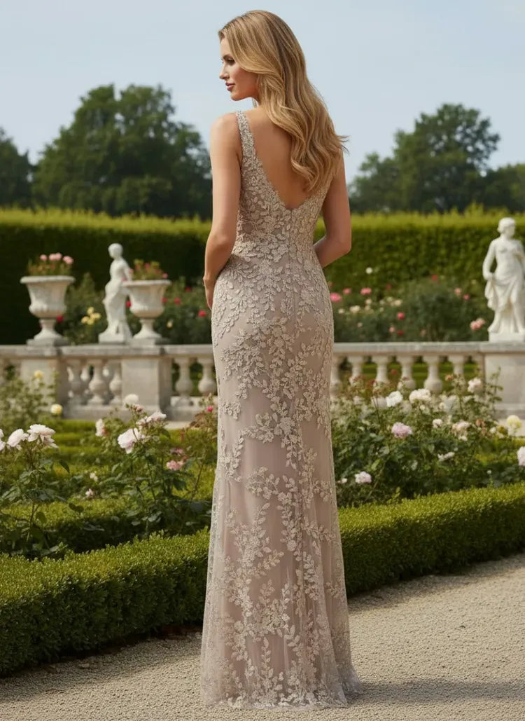 Elegant Sheath V-Neck Sleeveless Deep-V-Back Floor-Length Mother of Bride Dress