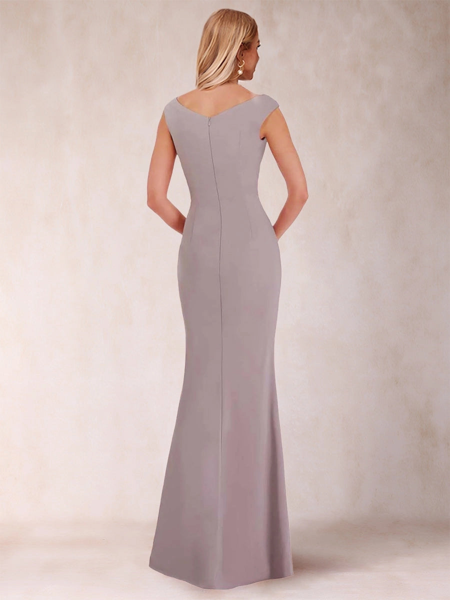Elegant Mermaid Bateau Cap-Sleeve V-Back Slit-Hem Floor-Length Mother of the Bride Dress