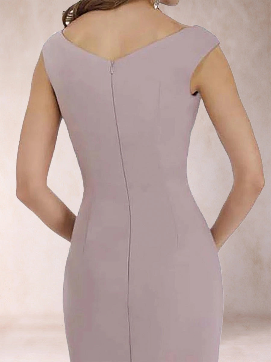 Elegant Mermaid Bateau Cap-Sleeve V-Back Slit-Hem Floor-Length Mother of the Bride Dress
