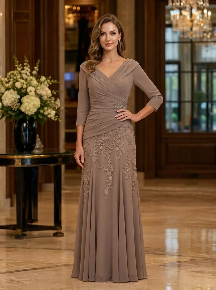 Loverlm taupe Mother of the Bride dress with V-neck three-quarter sleeves ruched bodice beaded waist and lace floor-length skirt