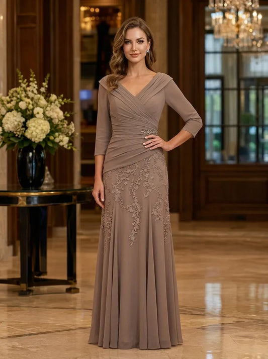 Loverlm taupe Mother of the Bride dress with V-neck three-quarter sleeves ruched bodice beaded waist and lace floor-length skirt