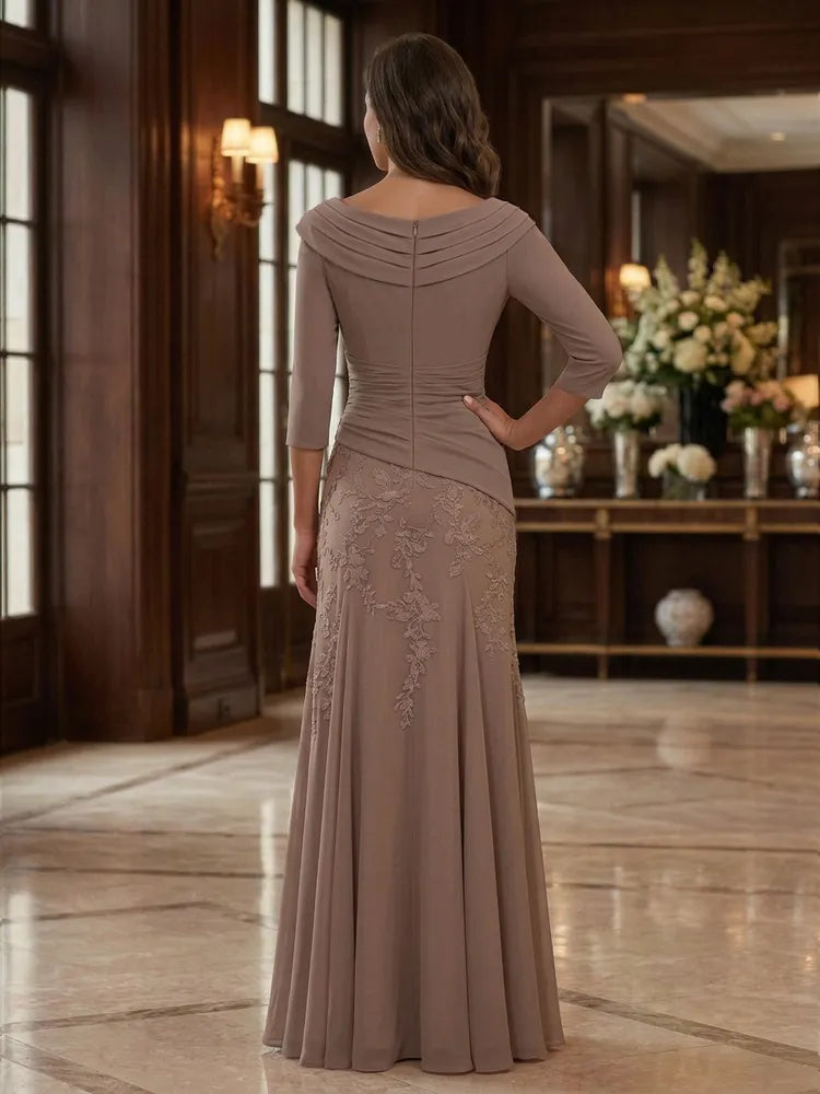 Elegant Sheath V-Neck Three-Quarter-Sleeve Lace Floor-Length Mother of the Bride Dress