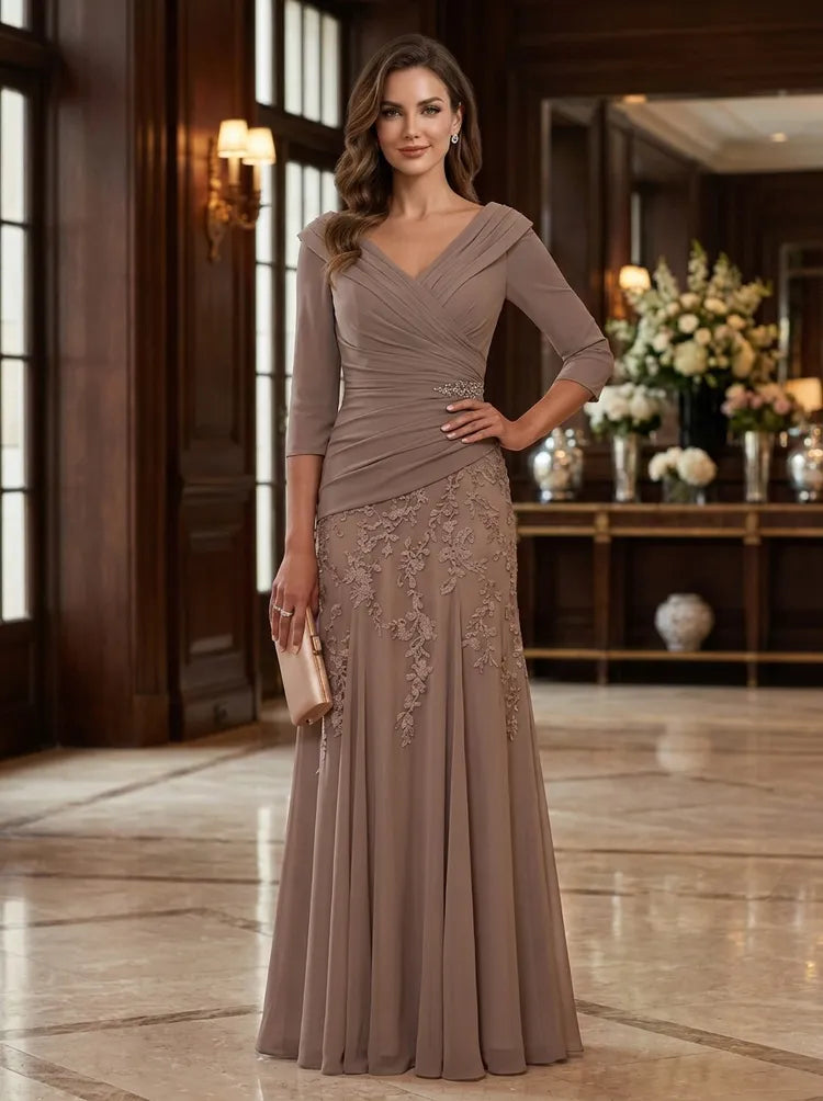 Elegant Sheath V-Neck Three-Quarter-Sleeve Lace Floor-Length Mother of the Bride Dress