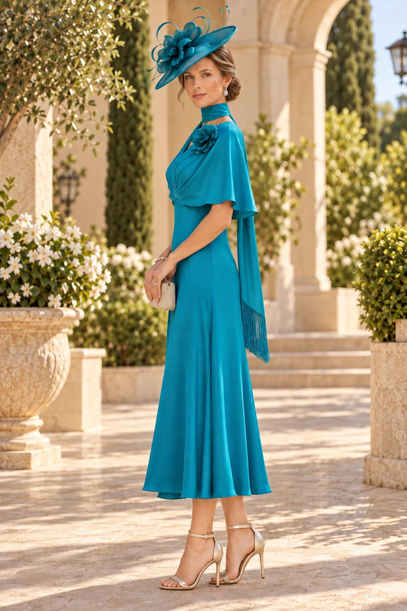 Elegant A-Line V-Neck Flutter Sleeve Crepe Mother of the Bride Dress