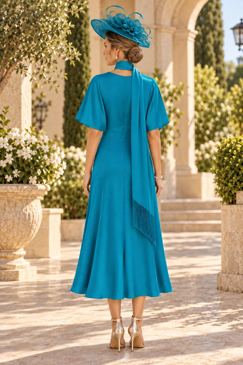 Elegant A-Line V-Neck Flutter Sleeve Crepe Mother of the Bride Dress