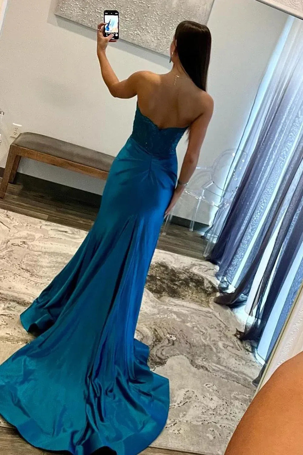 Glamorous Satin Mermaid Sweetheart Strapless V Back Slit Floor Length Prom Dress