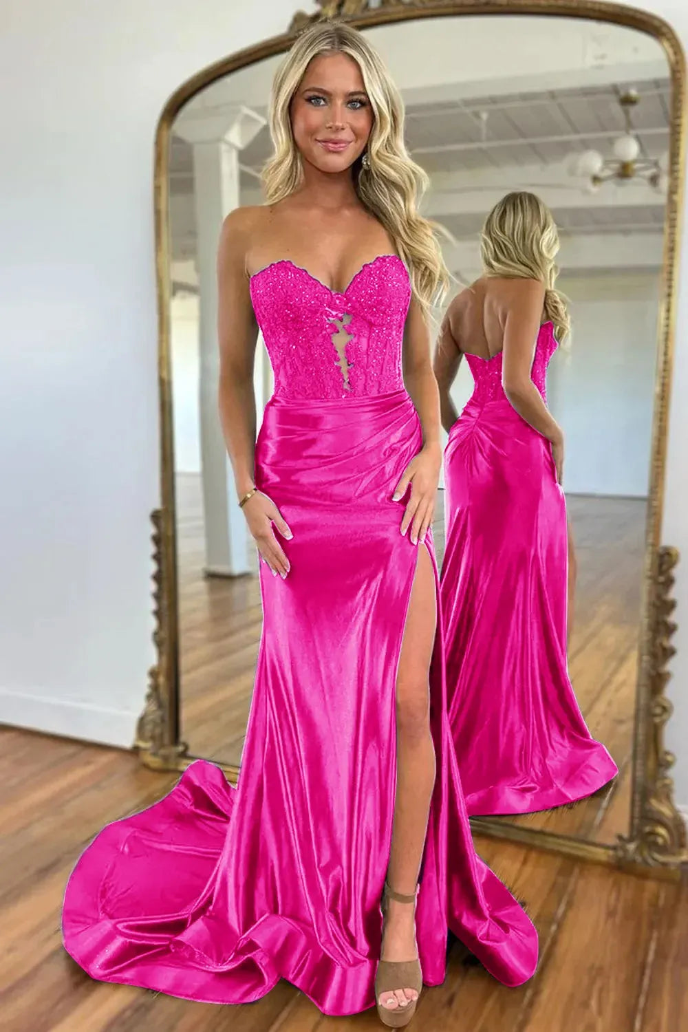 Glamorous Satin Mermaid Sweetheart Strapless V Back Slit Floor Length Prom Dress
