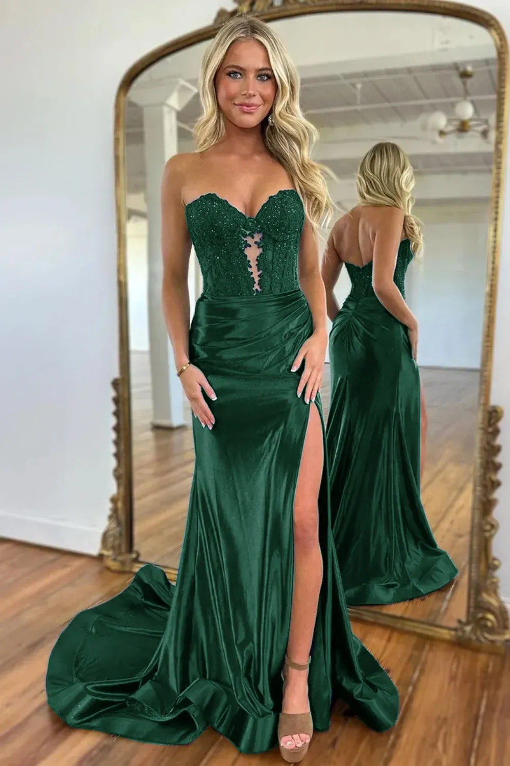 Glamorous Satin Mermaid Sweetheart Strapless V Back Slit Floor Length Prom Dress