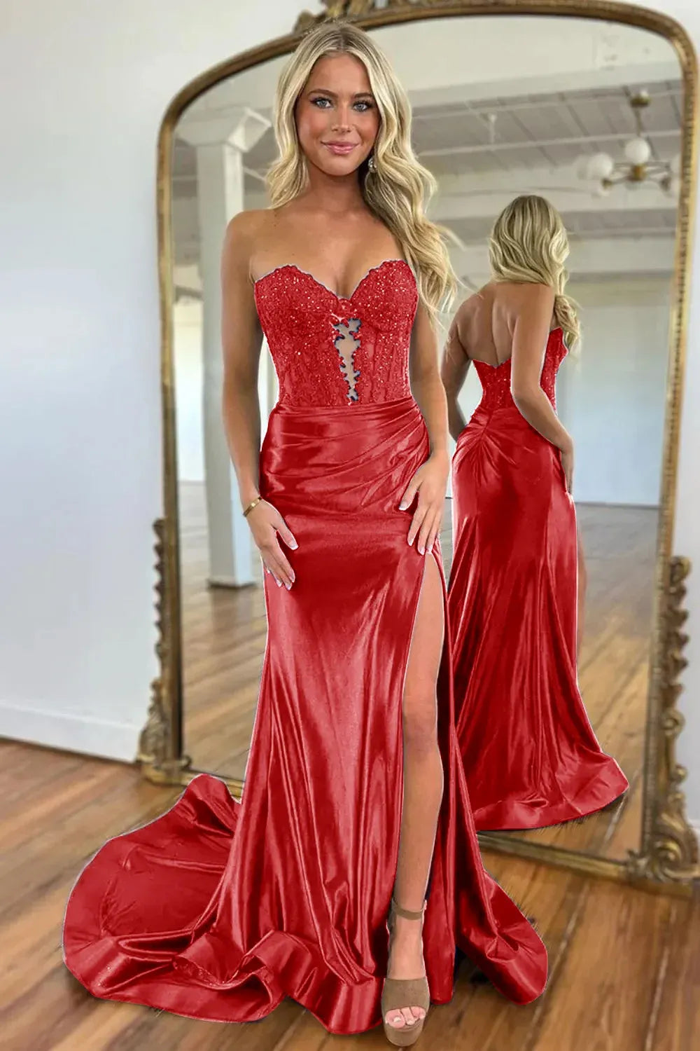 Glamorous Satin Mermaid Sweetheart Strapless V Back Slit Floor Length Prom Dress