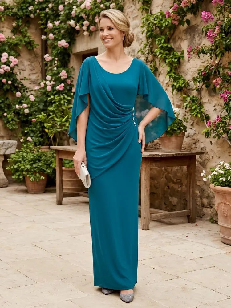 Loverlm teal Mother of the Bride dress with scoop neck cape sleeves jeweled waist and floor-length sheath skirt