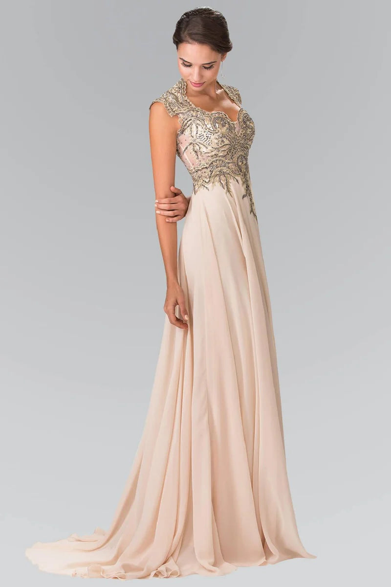 Elegant A-Line V-Neck Cap-Sleeve Illusion-Back Floor-Length Mother of the Bride Dress