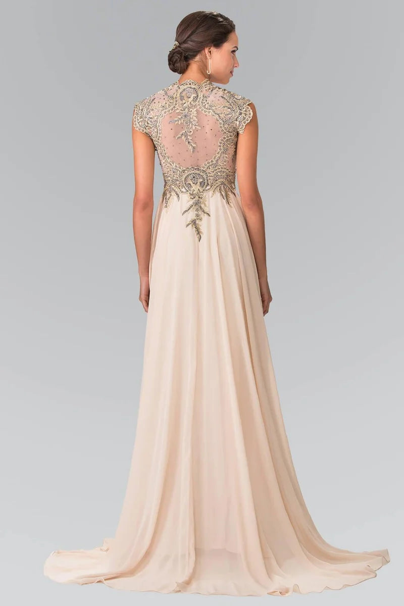 Elegant A-Line V-Neck Cap-Sleeve Illusion-Back Floor-Length Mother of the Bride Dress