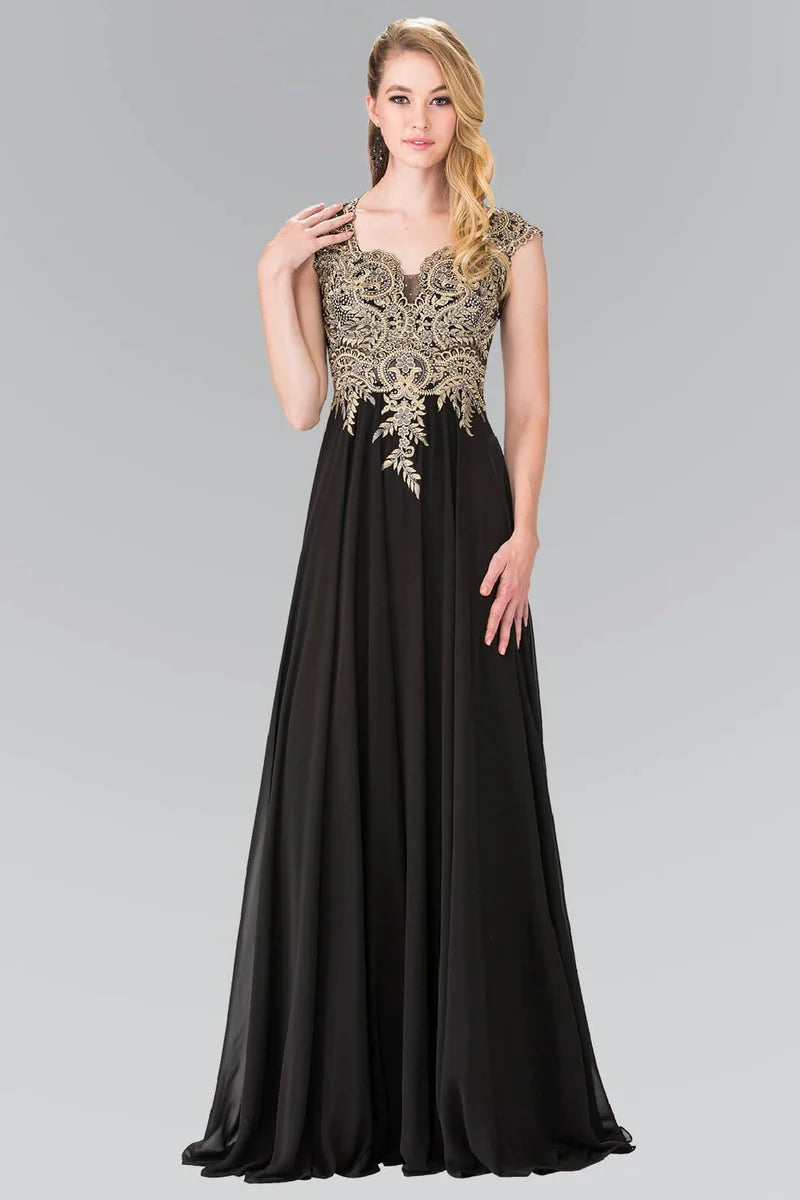 Elegant A-Line V-Neck Cap-Sleeve Illusion-Back Floor-Length Mother of the Bride Dress