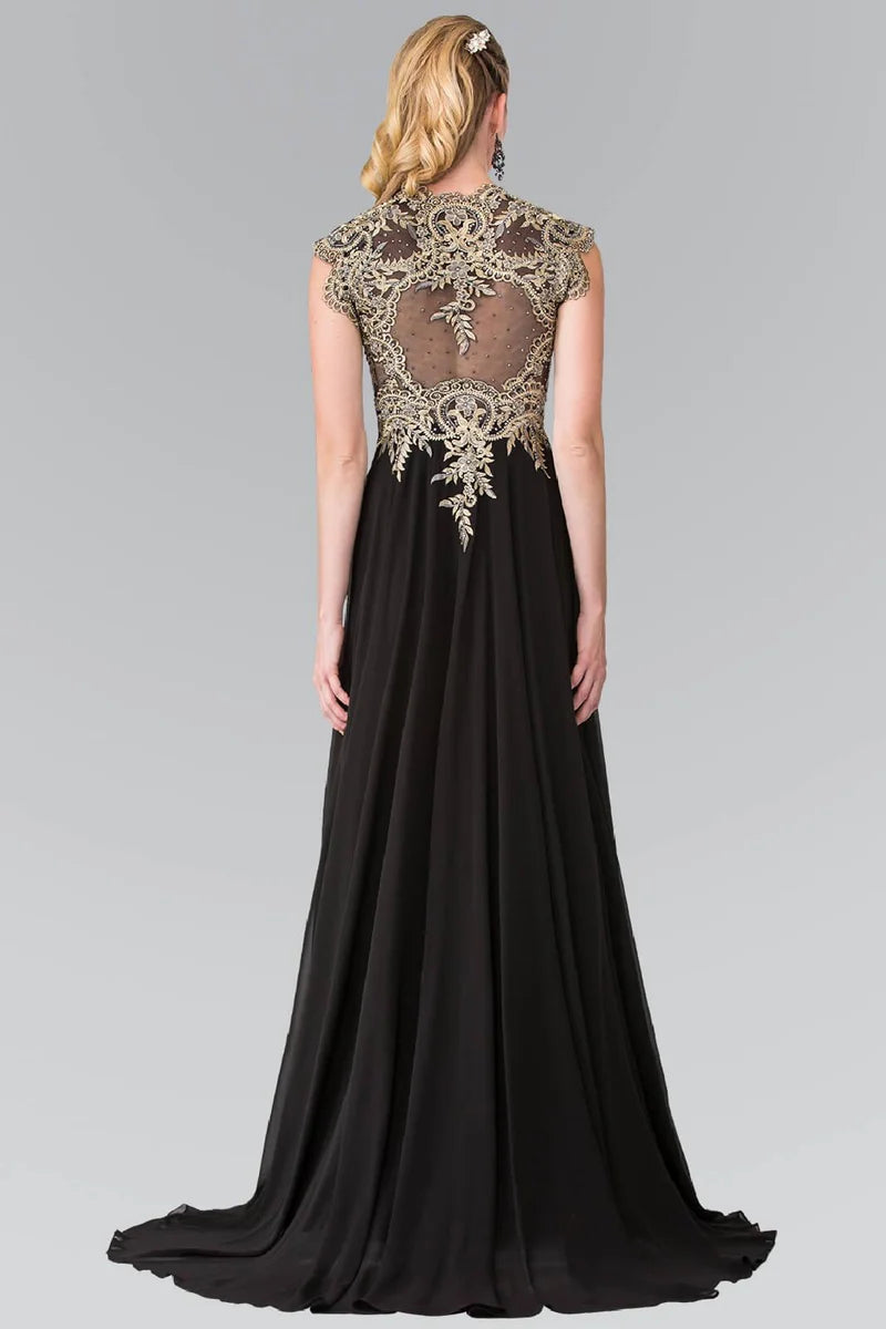 Elegant A-Line V-Neck Cap-Sleeve Illusion-Back Floor-Length Mother of the Bride Dress