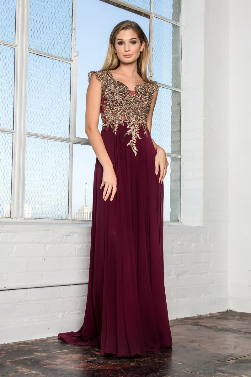 Elegant A-Line V-Neck Cap-Sleeve Illusion-Back Floor-Length Mother of the Bride Dress