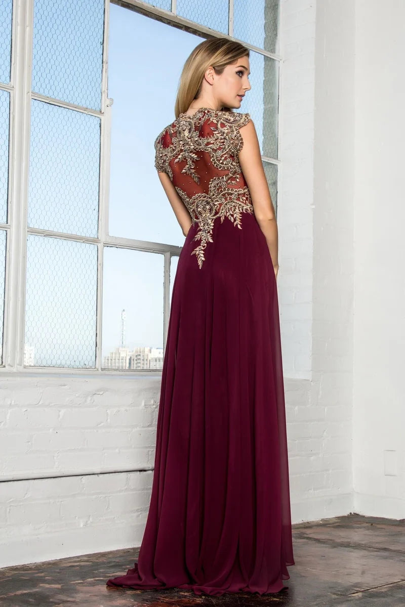 Elegant A-Line V-Neck Cap-Sleeve Illusion-Back Floor-Length Mother of the Bride Dress
