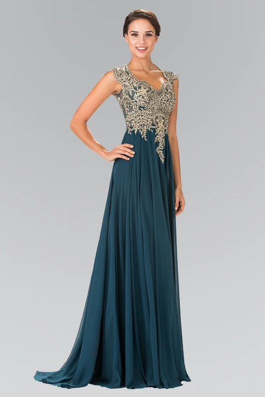 Loverlm teal gold lace V-neck mother of the bride dress front view