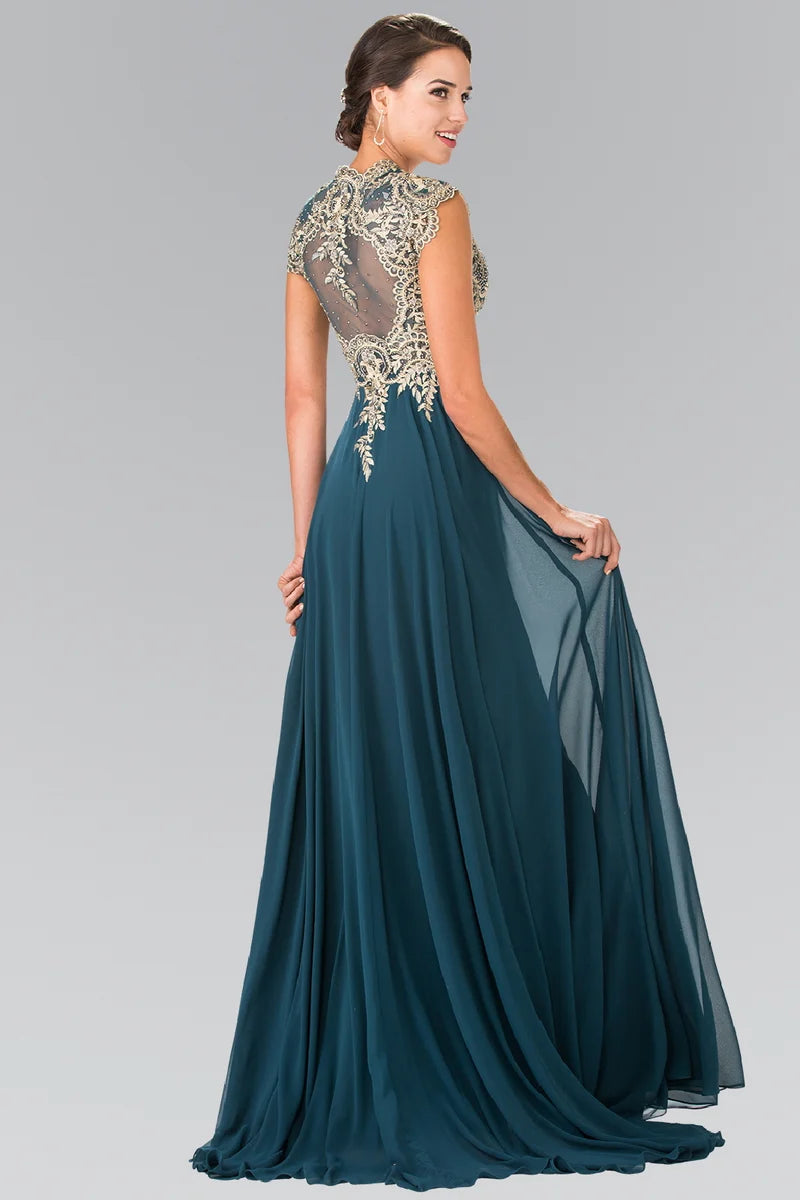 Elegant A-Line V-Neck Cap-Sleeve Illusion-Back Floor-Length Mother of the Bride Dress
