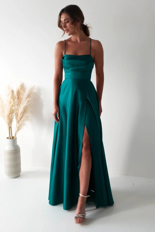Loverlm teal green satin A-line prom dress with cowl neckline, spaghetti straps, fitted waist and high leg slit front view