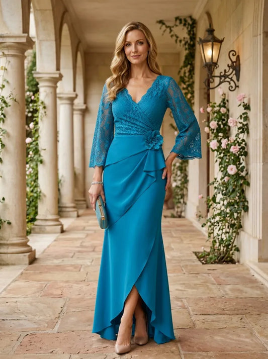 Loverlm teal Mother of the Bride dress with V-neck lace bodice three-quarter sleeves floral waist accent and draped floor-length skirt