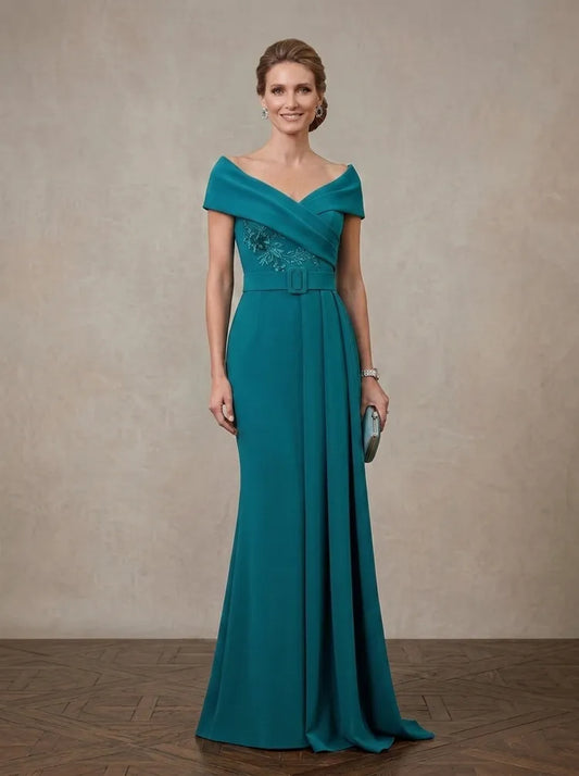 Loverlm teal Mother of the Bride dress with off-shoulder neckline waist belt embellished bodice and fitted floor-length silhouette