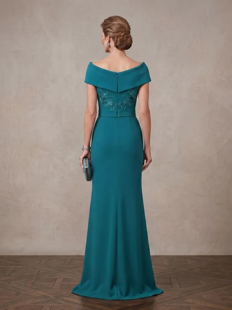 Elegant Sheath Off-Shoulder Short-Sleeve Embellished Floor-Length Mother of the Bride Dress