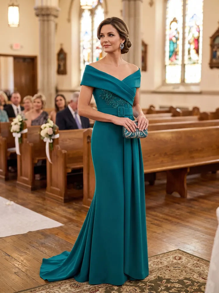 Elegant Sheath Off-Shoulder Short-Sleeve Embellished Floor-Length Mother of the Bride Dress