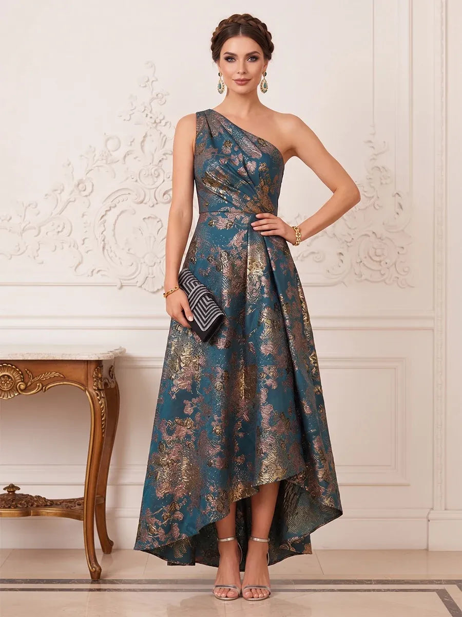 Loverlm teal one shoulder evening dress front view with metallic floral patterns, pleated bodice and asymmetric high-low A-line skirt