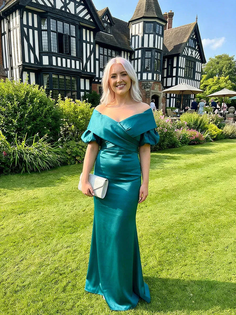 Elegant Mermaid Off-Shoulder Puff-Sleeve Satin Floor-Length Mother of the Bride Dress