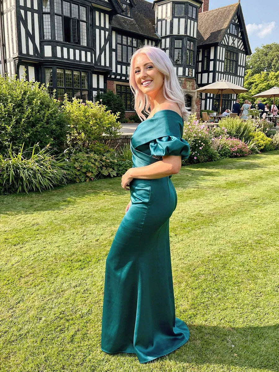Elegant Mermaid Off-Shoulder Puff-Sleeve Satin Floor-Length Mother of the Bride Dress