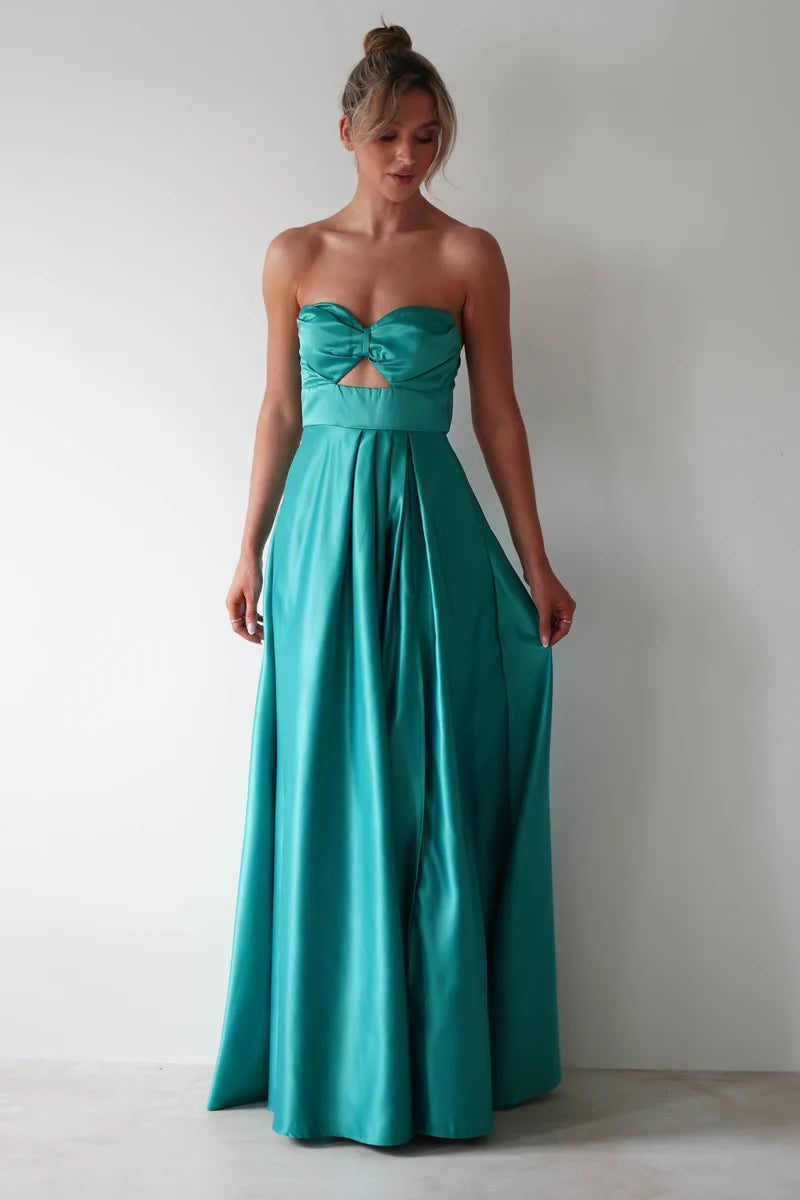 Loverlm teal A-line prom dress with strapless sweetheart neckline, twisted bust, triangular front cutout and flowing floor-length skirt front view